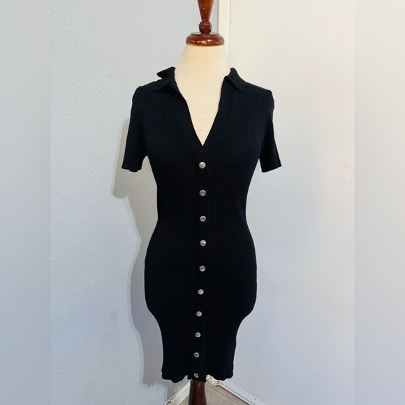 Guess Women Black Ribbed Button-Front Collared Dress Size L Pull Over - Picture 1 of 17